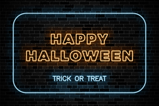 逼真的霓虹灯为万圣节派对在黑暗的砖墙背景图片下载
