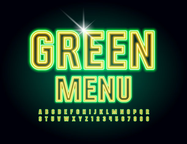矢量霓虹概念Geen菜单。发光的电子字母和数字图片下载