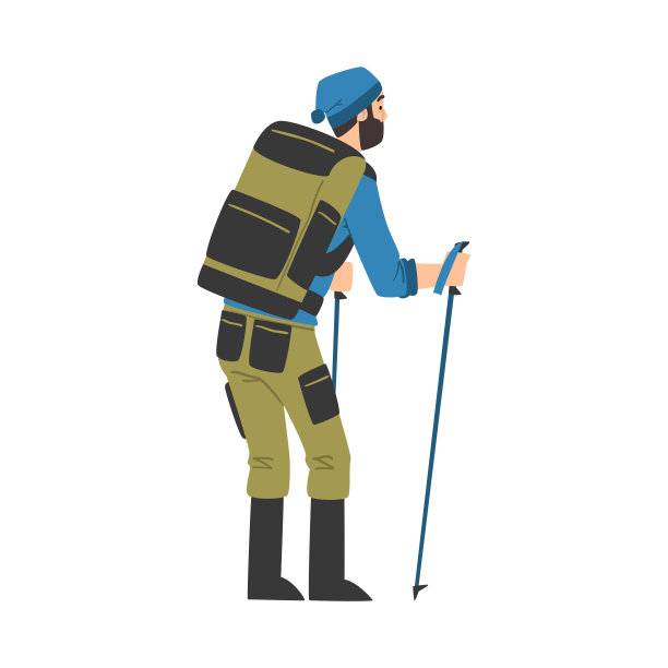 男性游客性格远足的自然，背景的男人与背包和徒步手杖，夏季冒险旅行卡通风格矢量插图图片下载