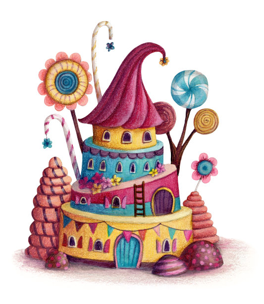 有糖果、棒棒糖、饼干的蛋糕屋。图片下载