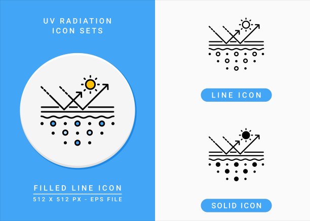 紫外线辐射图标设置矢量插图与固体图标线条风格。防晒霜的概念。图片下载