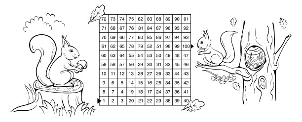 松鼠的数学迷宫游戏。帮助松鼠把蘑菇带到橡树上的洞里。从1到100完成迷宫着色页面。黑色的草图。图片下载