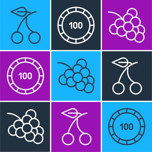 设置线赌场老虎机与樱桃，赌场老虎机与葡萄和赌场筹码图标。向量图片下载