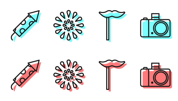 设置线纸胡子棒，烟花火箭，烟花和照片相机图标。向量图片下载