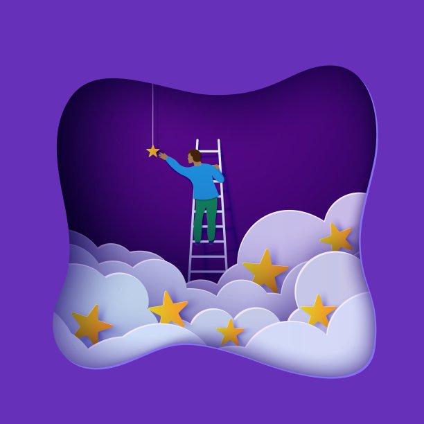 一个人站在梯子上，用剪纸的方式在云上摘金星。剪纸商人爬上梯子，试图抓住梦想之星。跟随你的梦想矢量激励海报概念图片下载