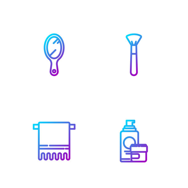 设置线霜或乳液化妆管，毛巾架，手镜和化妆刷。渐变颜色图标。向量图片下载