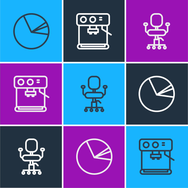 设置直线饼图信息图，办公椅和咖啡机图标。向量图片下载