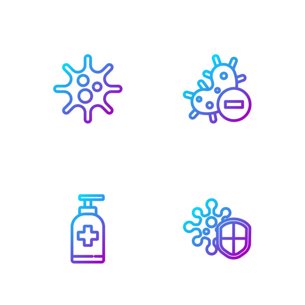 设置“屏蔽”防病毒、“抗菌皂液瓶”、“病毒”和“阴性”。渐变颜色图标。向量图片下载