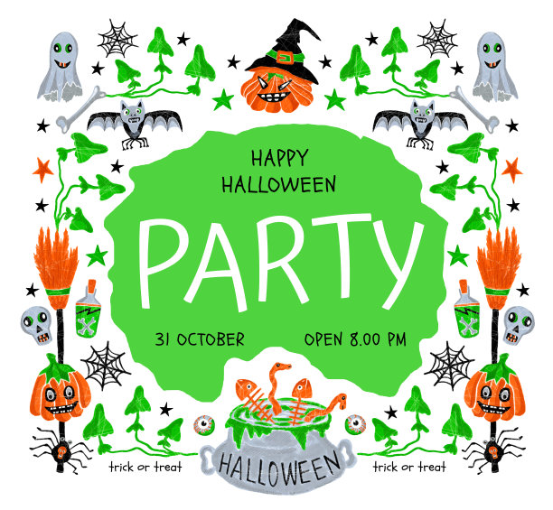 万圣节派对邀请或贺卡，传单模板与南瓜，女巫帽子，蝙蝠和蘑菇图片下载