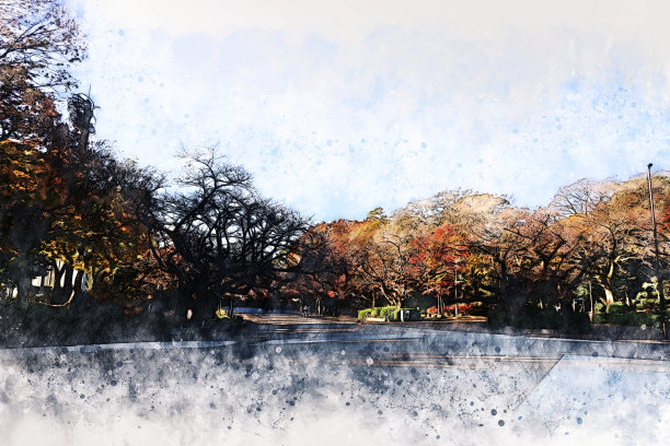 抽象的彩色树枝树在森林中的水彩画背景。图片下载