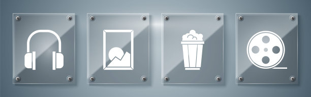 胶片卷轴，纸盒爆米花，风景画册，耳机。方形玻璃面板。向量图片下载