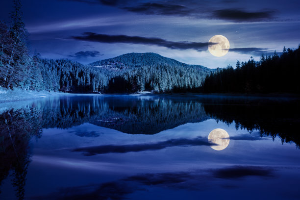 夜深人静，山林中有湖图片下载