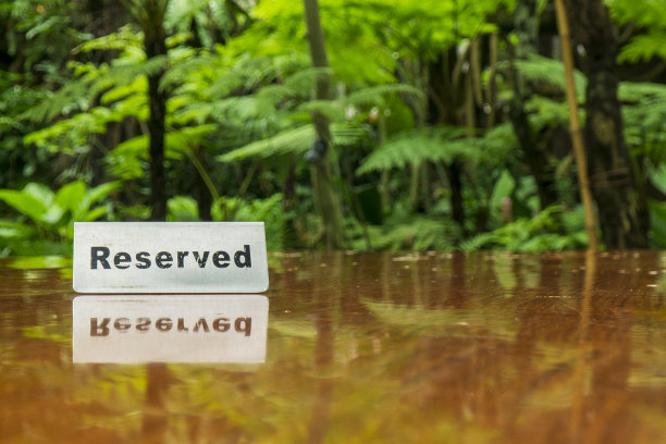 在一家以树木和森林为背景的餐厅的叠层木桌上，用不锈钢板制成的预留标志。图片下载