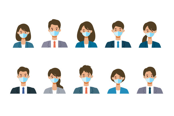 戴面具的商人和穿西装的女人。不同的人的脸是固定的。图片下载