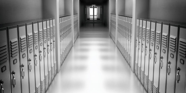 高中大堂设有灰色储物柜，透视图。健身馆，体育俱乐部走廊。三维演示图片下载