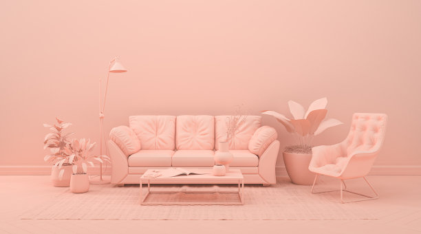室内以纯单色的粉橙色搭配家具和房间配件。3D渲染网页，展示或图片框背景。图片下载