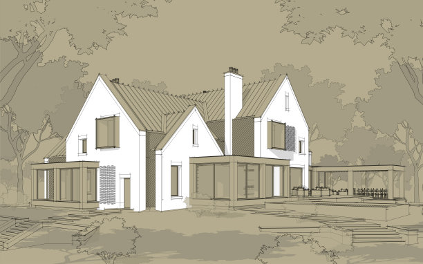 池塘上现代熟料房的3d渲染，工艺背景上有水池黑线图片下载