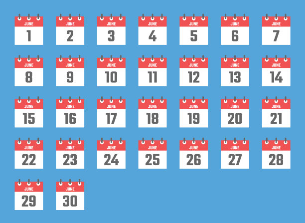 六月日历标志设置矢量插图，彩色标志为六月的所有日期图片下载