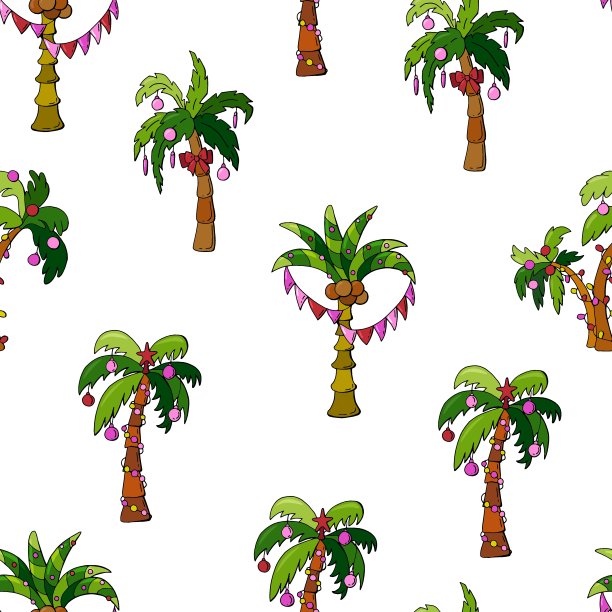 异国情调的新年。无缝图案花环装饰与棕榈树在一个手绘风格。图片下载