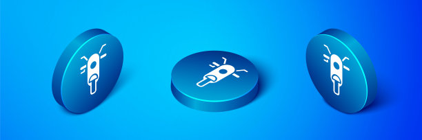 等距滑板车图标孤立在蓝色背景。蓝色圆按钮。向量图片下载