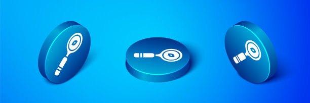 等距放大镜图标孤立在蓝色背景。搜索，聚焦，缩放，商业符号。蓝色圆按钮。向量图片下载