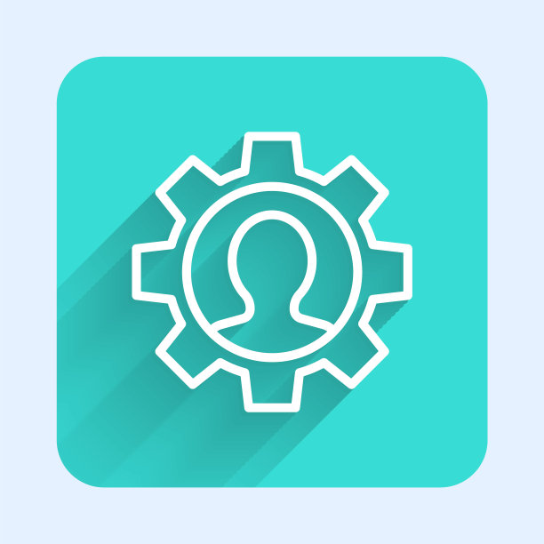 白线人与齿轮图标孤立与长影子。人工智能。思考的大脑信号。大脑的符号工作。绿色广场按钮。向量图片下载