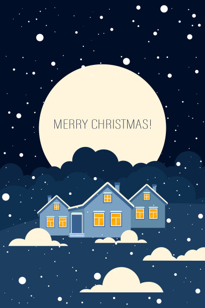 明信片上的冬夜景色和乡村房屋。图片下载