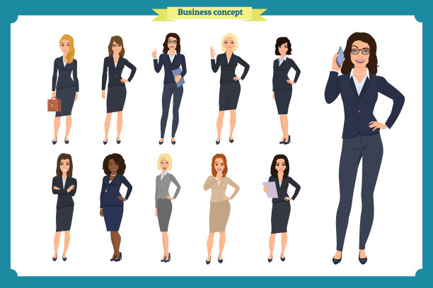 商务人士套女。商人角色的设计。孤立的向量在白色。人的性格在不同的姿态不同的民族。平坦的卡通。商业的女人。团队合作、办公室图片下载