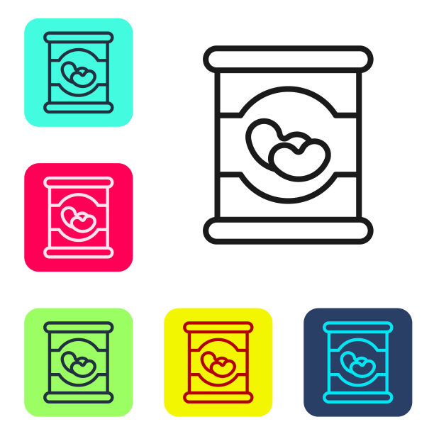 黑线豆子在罐头图标孤立的白色背景。设置图标的颜色方形按钮。向量图片下载