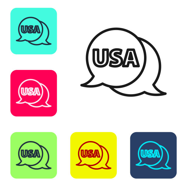 黑色线条美国标签图标孤立在白色背景。美利坚合众国。设置图标的颜色方形按钮。向量图片下载