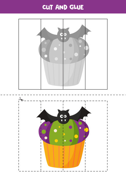 剪切和粘游戏的孩子。可爱的万圣节蛋糕。图片下载