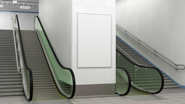 墙上挂着有自动扶梯和楼梯的海报。图片下载