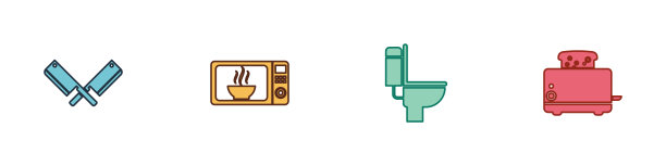 设置交叉剁肉刀，微波炉，马桶和烤面包机与祝酒图标。向量图片下载