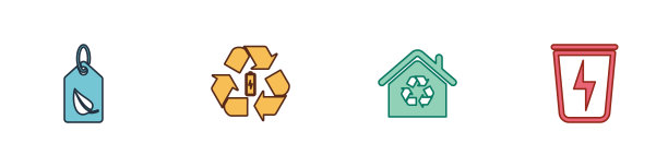 设置标签与树叶，电池回收，生态屋回收和闪电垃圾桶图标。向量图片下载