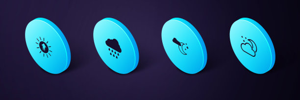 设置等距云与月亮和星星，雨和日落图标。向量图片下载