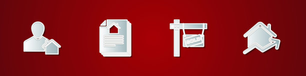 设置房地产经纪人，房屋合同，悬挂出售和上涨的房屋成本图标。向量图片下载