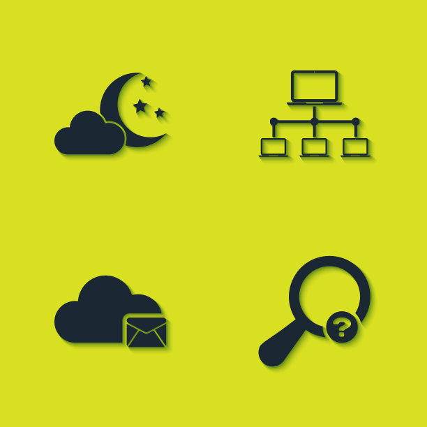设置云与月亮和星星，未知搜索，邮件服务器和计算机网络图标。向量图片下载