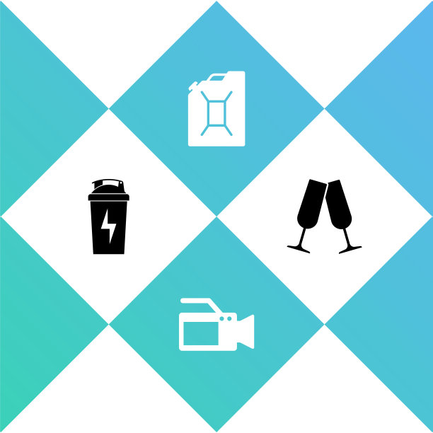 Set Fitness shaker, Cinema camera, Canister for gasoline and Glasses of champagne图标。向量图片下载