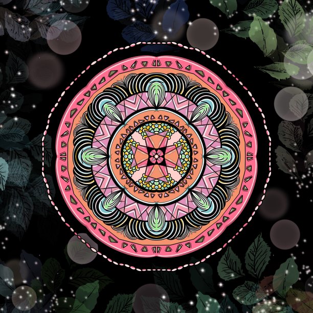 粉红色圆形曼荼罗与黑色背景图片下载
