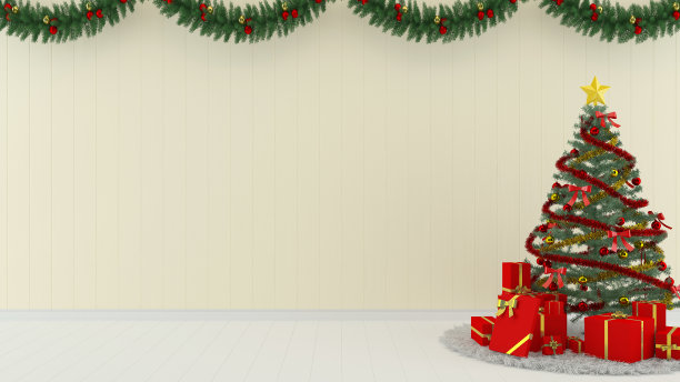 室内最小的房间与圣诞树装饰3d渲染模板背景copyspace图片下载