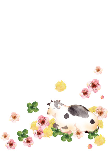 水彩画牛和花素材图片