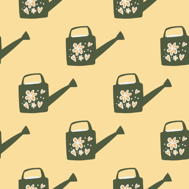 花园用喷壶无缝涂鸦图案。绿色工具在浅橙色的背景上剪影。图片下载