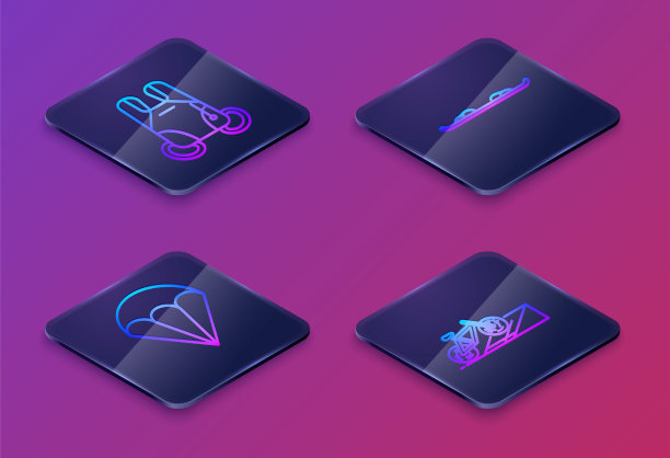 在坡道上设置降落伞、降落伞、滑雪板和自行车等距线。蓝色方块按钮。向量图片下载