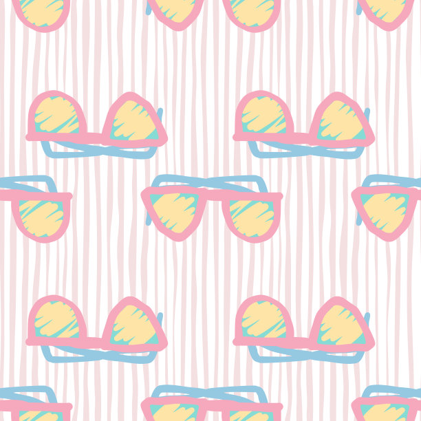 太阳镜轮廓无缝涂鸦图案。简单的黄色和粉色元素在剥离的背景。图片下载