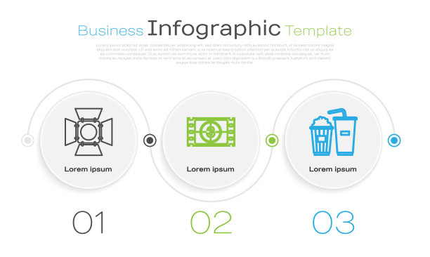 设置线电影聚光灯，播放视频和爆米花和苏打饮料杯。业务信息模板。向量图片下载