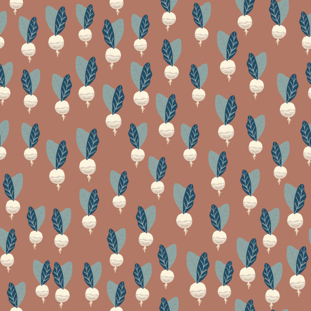 小萝卜点缀无缝图案。秋天的调色板。棕色的背景。程式化的食物作品。图片下载