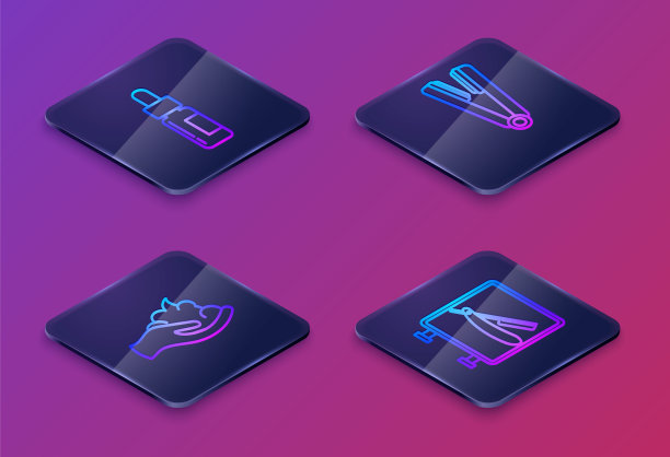 设置等距线玻璃瓶与吸管，剃须凝胶泡沫在手上，卷发器的头发和理发店剃须刀。蓝色方块按钮。向量图片下载