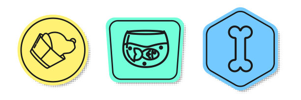 设兽医诊所标志线，水族馆用鱼和狗骨头。颜色的形状。向量图片下载