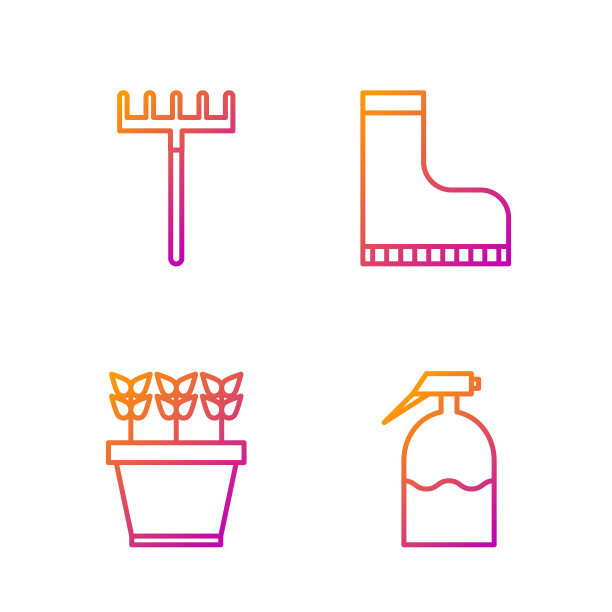 设有园林喷雾器、盆栽、园林耙、防水橡胶靴等配套设备。渐变颜色图标。向量图片下载