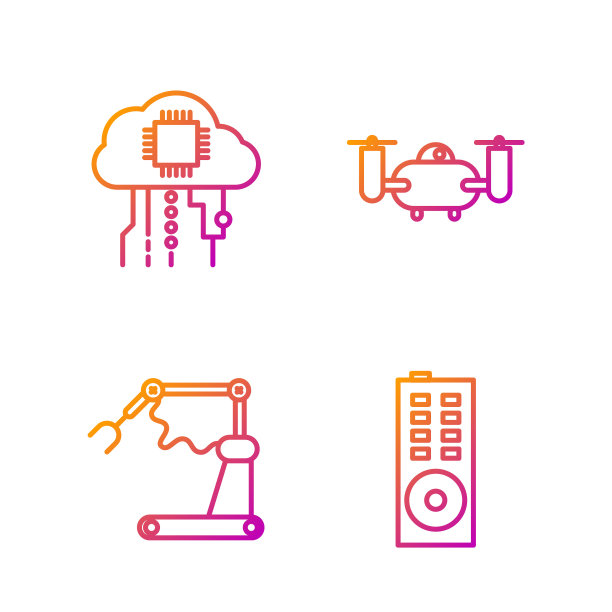 集线遥控、工业机械机器人臂手工厂、物联网、无人机飞行与行动摄像头。渐变颜色图标。向量图片下载